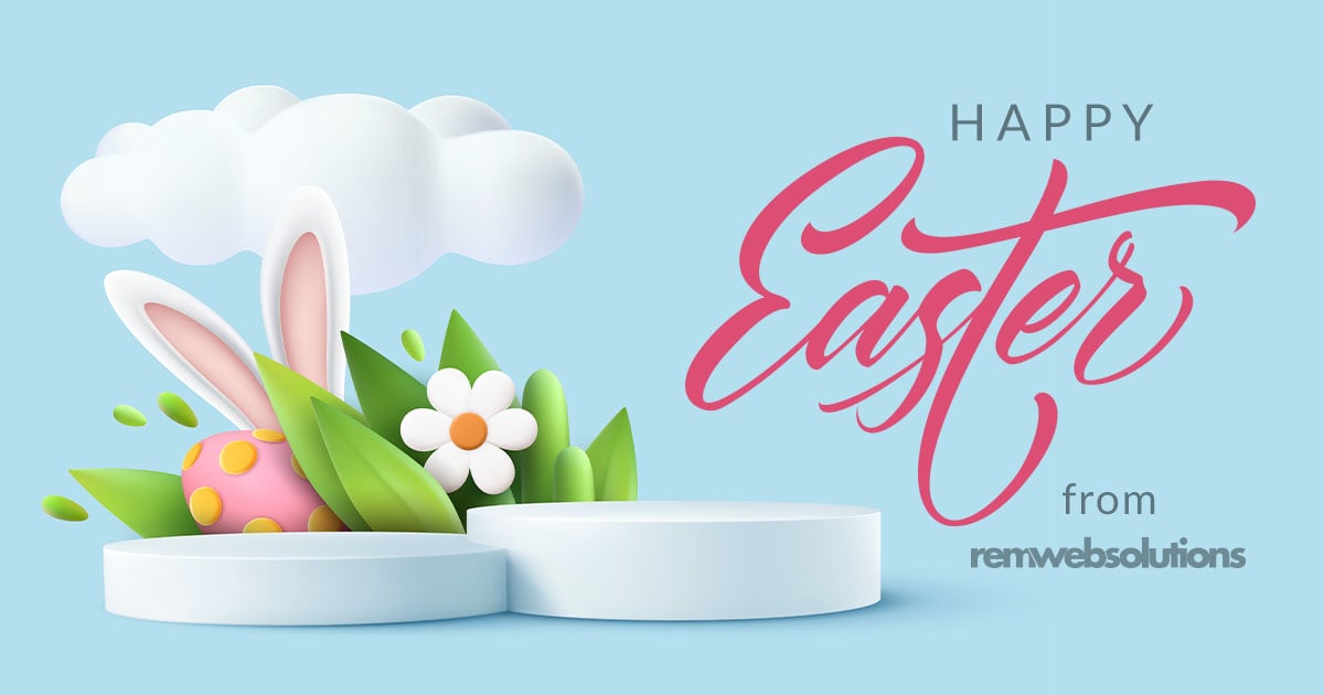 3D illustration of clouds, bunny ears, an egg and flowers